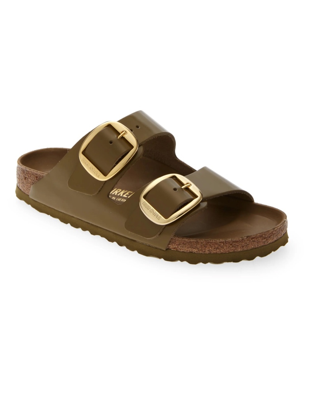 Birkenstock Arizona Two-Strap Sandal in Olive with Gold Buckles
